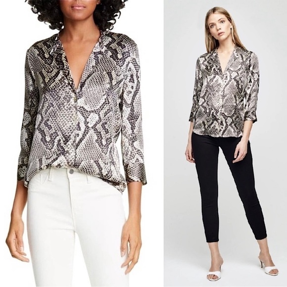 NWT L'AGENCE Silk Satin Snake Print 3/4
Sleeve Button Up Band Collar Blouse XS - Picture 1 of 9